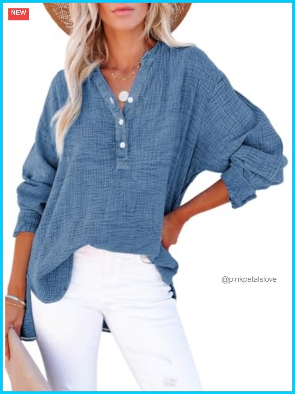 Womens V Neck Oversized Button Cuff Long Sleeve Textured Tunic Blouse